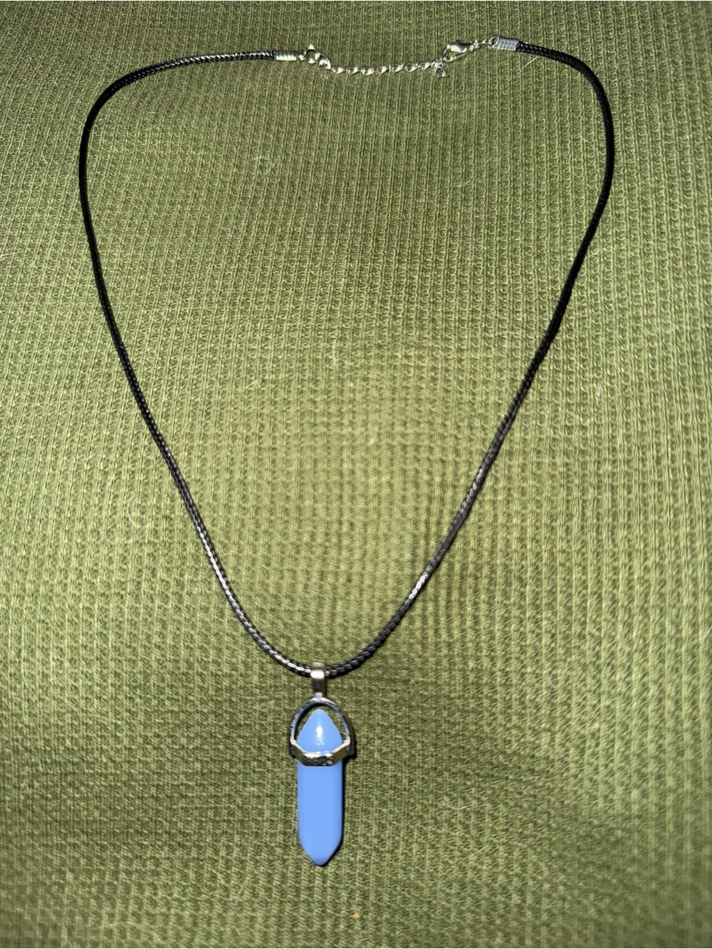 Blue Crystal Pendant Necklace on Black Cord